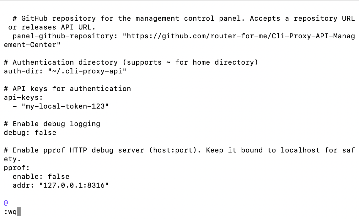 在 CLIProxyAPI 設定檔中將 api-keys 設為 my-local-token-123