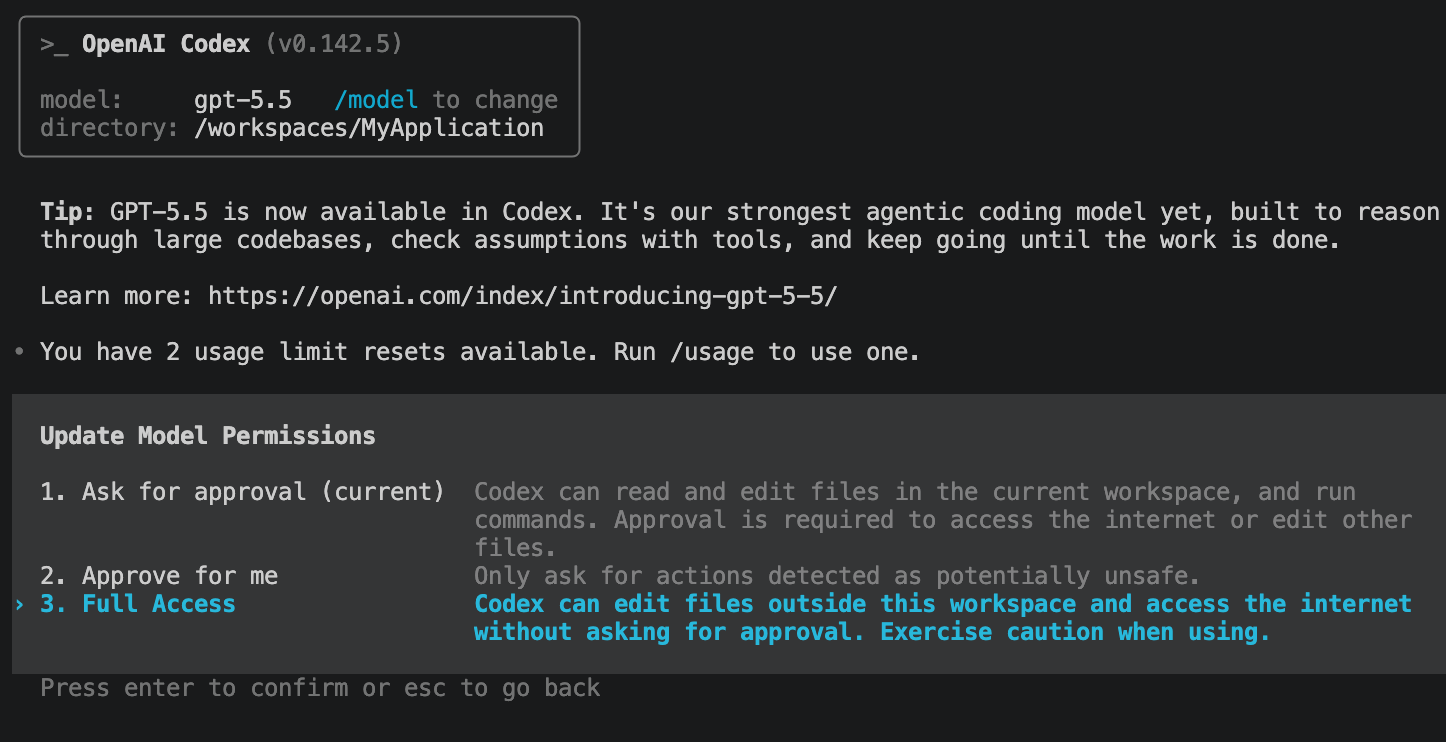 Codex CLI 權限設定畫面,選擇 Full Access 讓 Agent 在容器內完整存取
