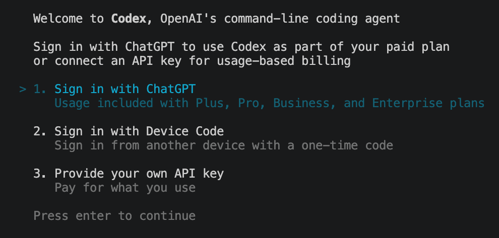 Codex CLI 登入畫面,提供 ChatGPT、Device Code 與 API key 登入選項
