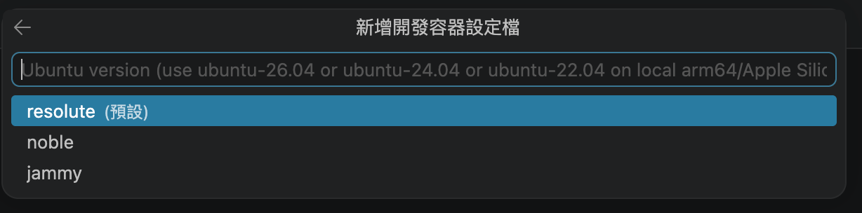 VS Code Ubuntu 版本選單,使用預設的 resolute 版本