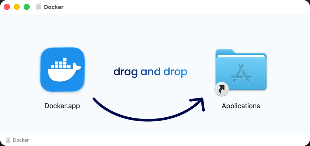 macOS Docker 安裝視窗,將 Docker.app 拖曳到 Applications 資料夾