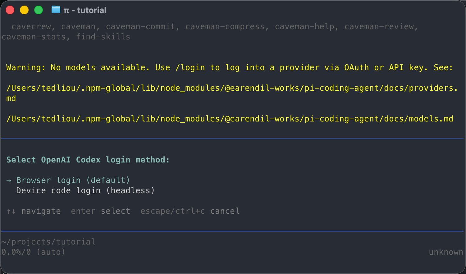 Pi OpenAI Codex 登入方式選擇 Browser login