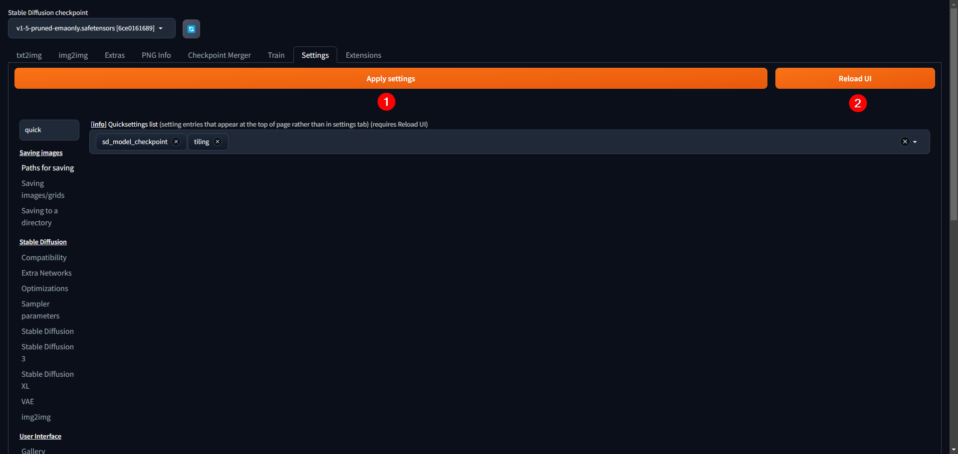 Stable Diffusion Web UI 套用設定並重新載入介面