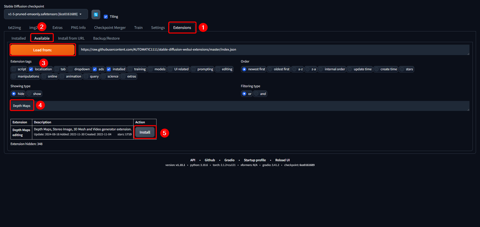 Stable Diffusion Web UI Extensions 頁面安裝 Depth Maps 模組
