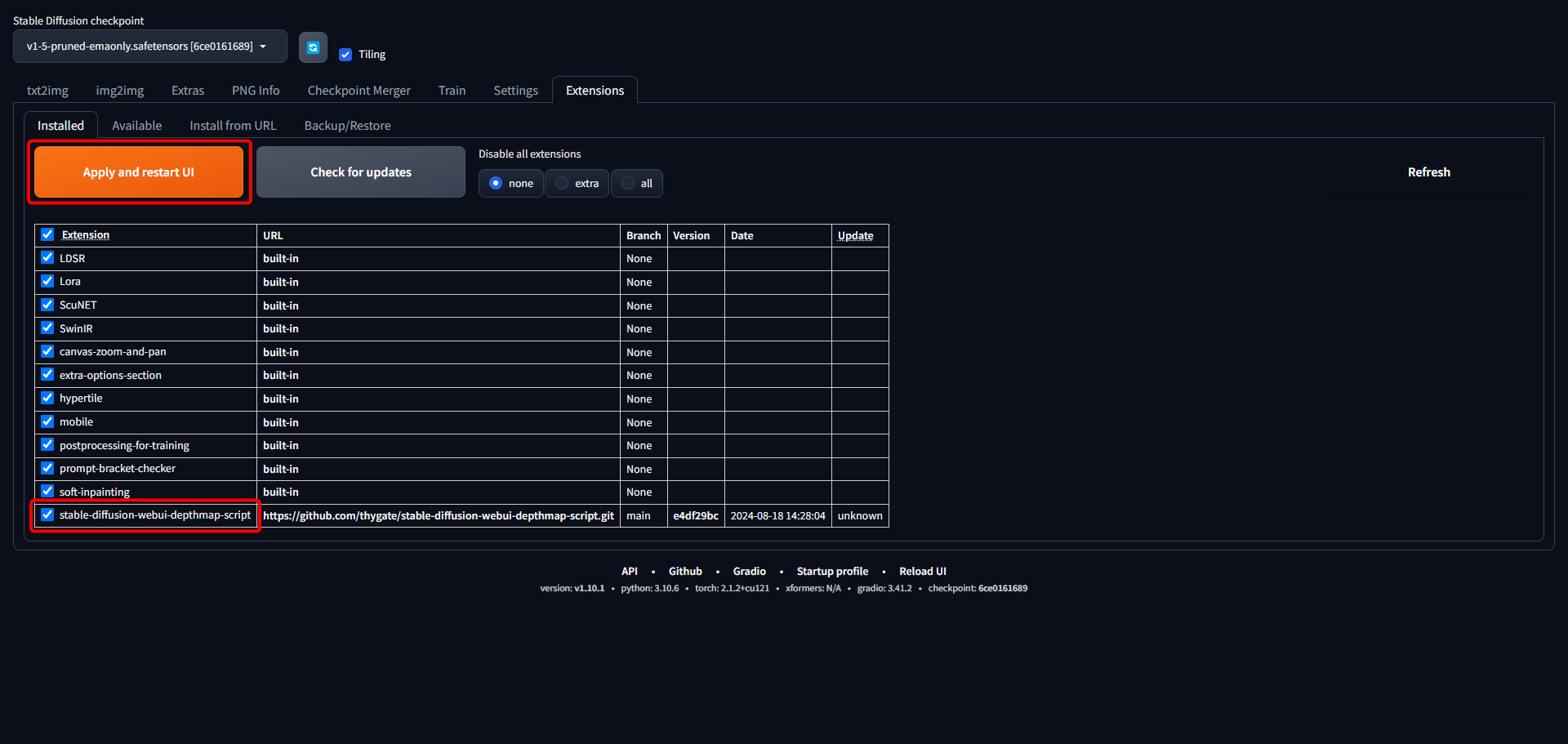 Stable Diffusion Web UI Installed 頁面啟用 depthmap script
