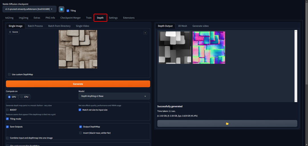 Stable Diffusion Web UI Depth 分頁輸入既有圖片生成深度資訊