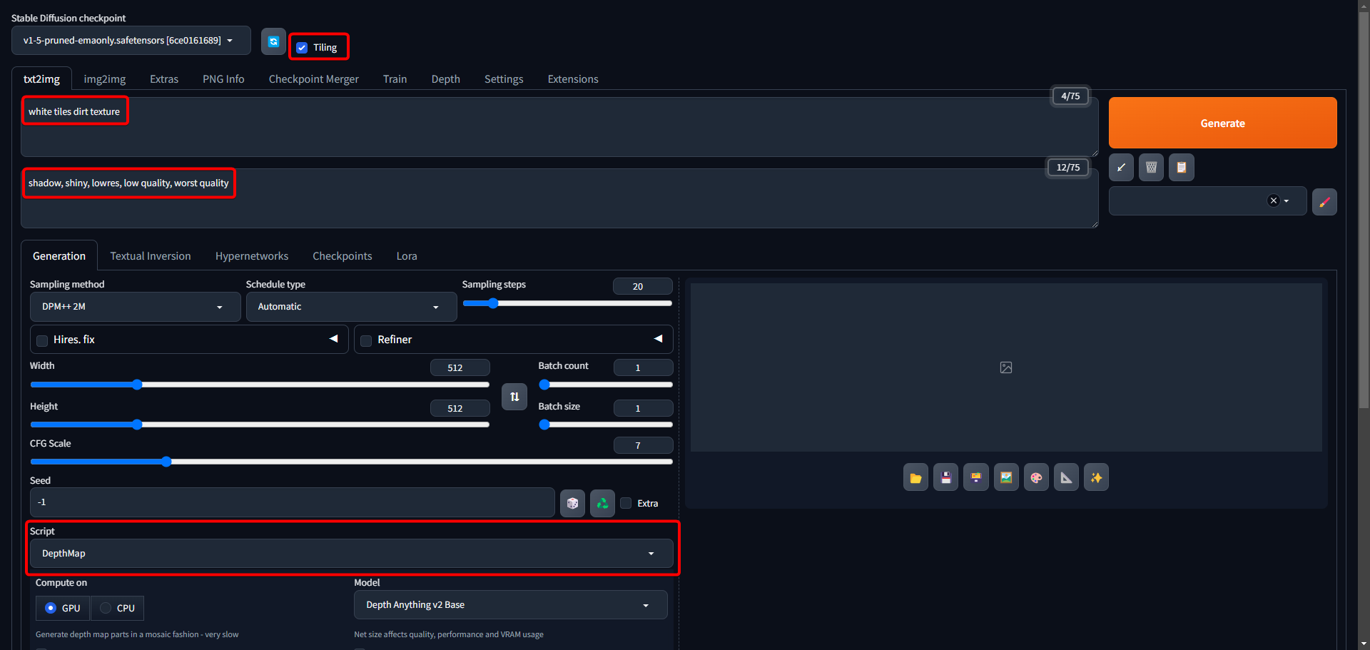 Stable Diffusion Web UI 將 Script 選為 DepthMap