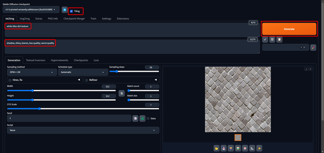 Stable Diffusion Web UI txt2img 介面勾選 tiling 選項
