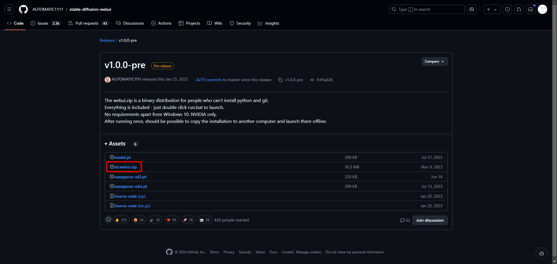 Stable Diffusion Web UI GitHub release 頁面下載 sd.webui.zip