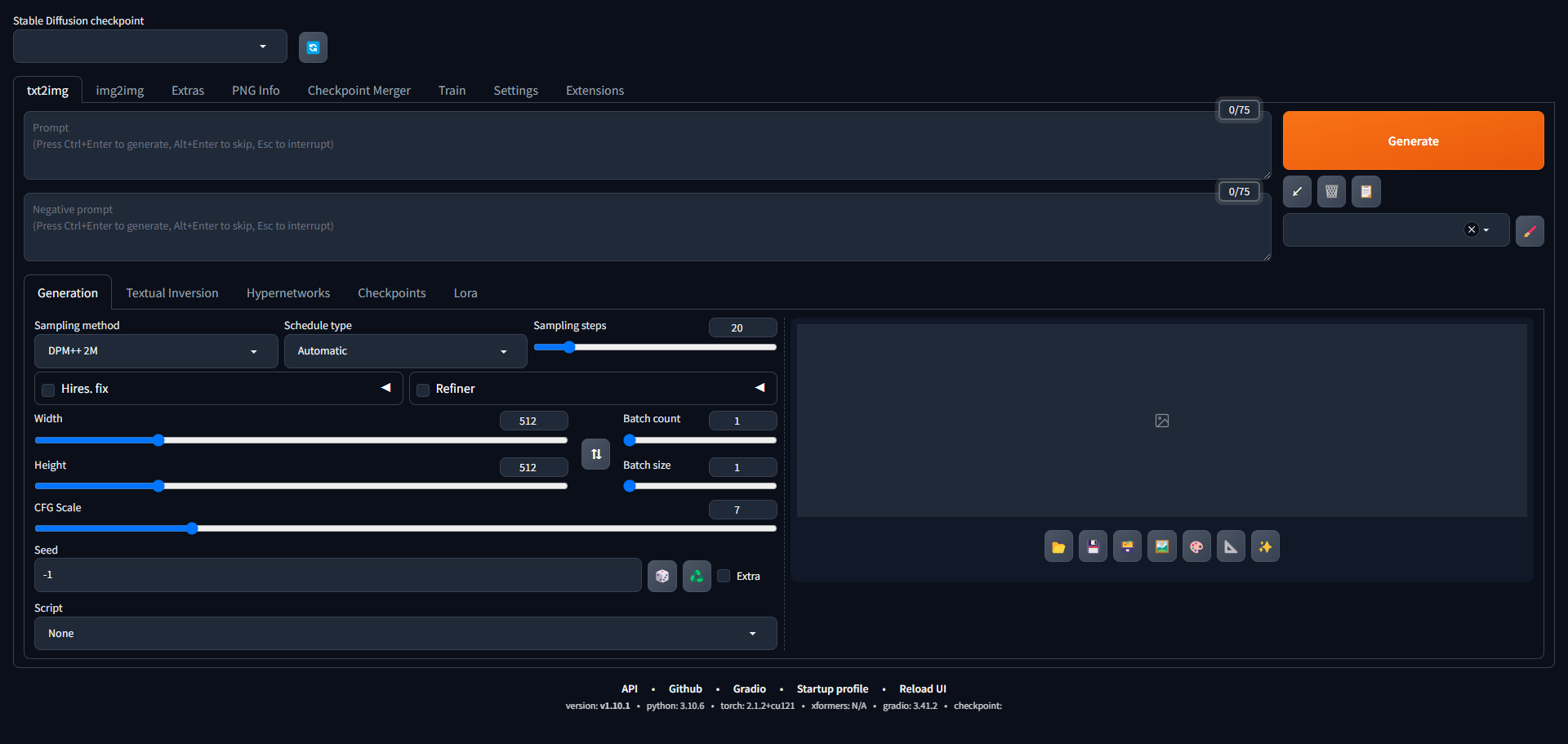 瀏覽器開啟 Stable Diffusion Web UI 主要介面