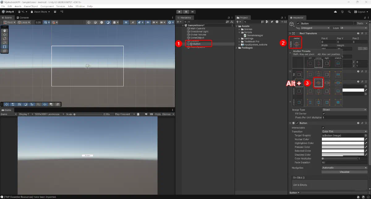 選取 Button 後將 Rect Transform 錨點設為畫面中央