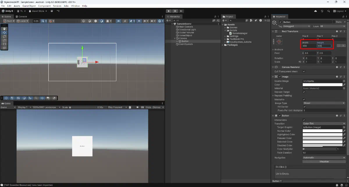 在 Inspector 中把按鈕寬高調整為 300 乘 300