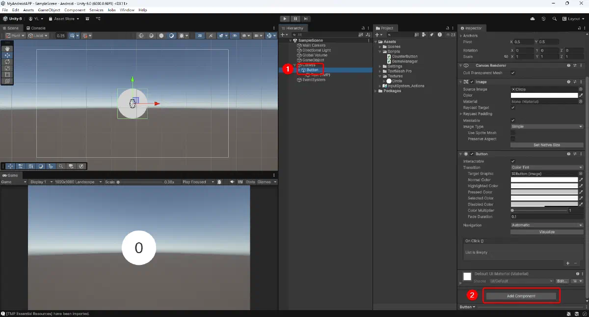 選取 Button 後準備用 Add Component 掛上腳本
