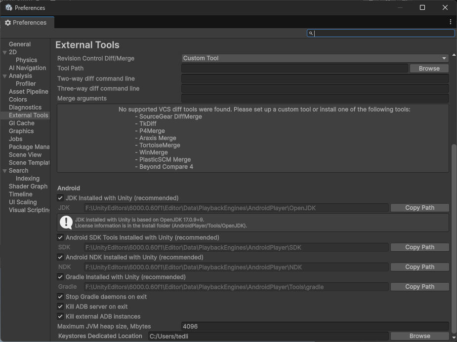 在 External Tools 中檢查 Android SDK、NDK、JDK 路徑