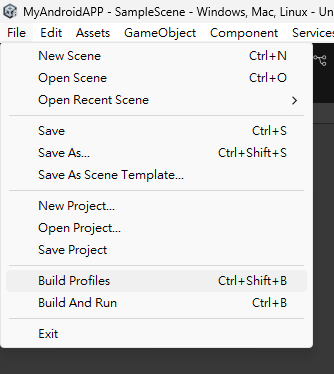 從 Unity 選單打開 Build Profiles