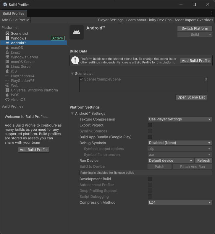 在 Build Profiles 中切換到 Android 平台
