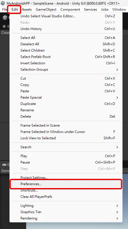 從 Unity 選單開啟 Preferences