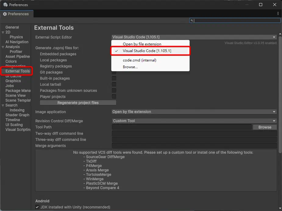 在 External Tools 中把 External Script Editor 設為 Visual Studio Code