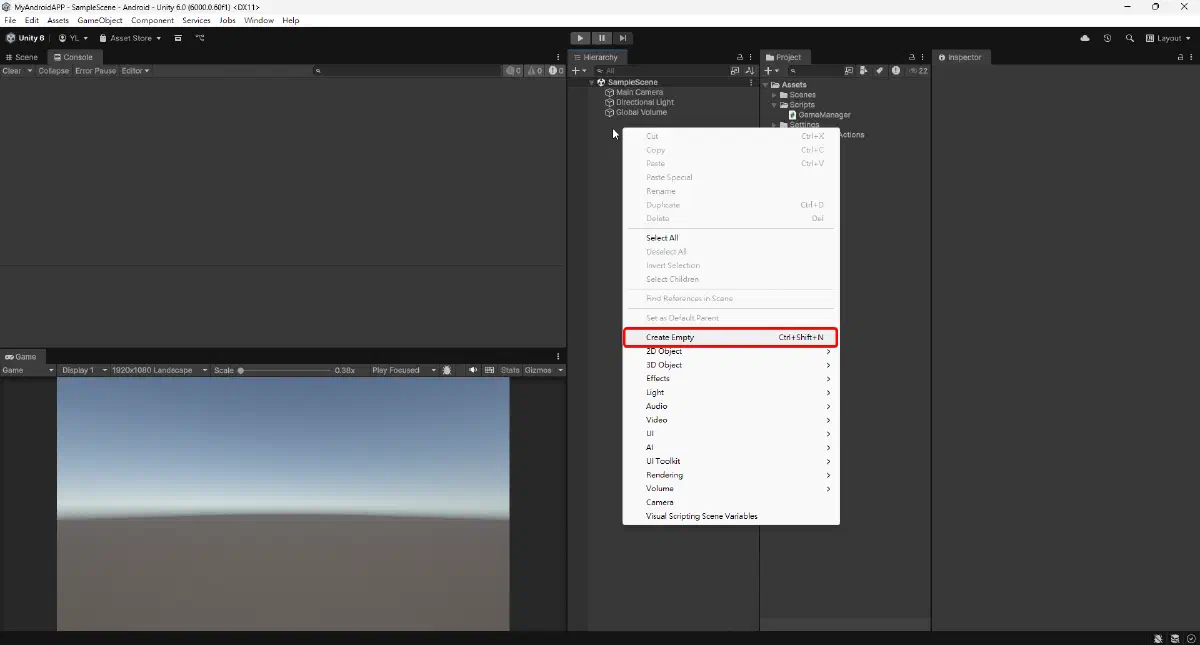 在 Hierarchy 建立空物件