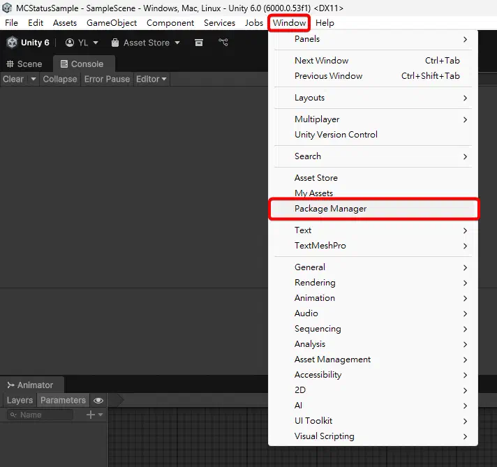 Unity 編輯器中從 Window 開啟 Package Manager