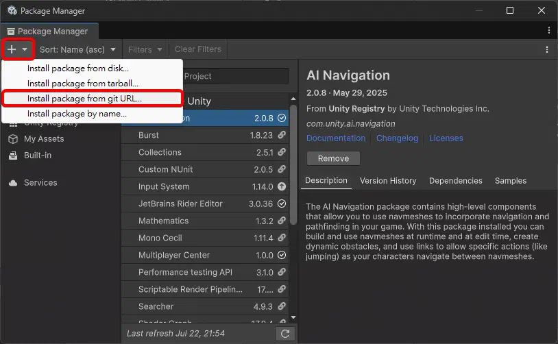 Package Manager 選擇 Add package from git URL