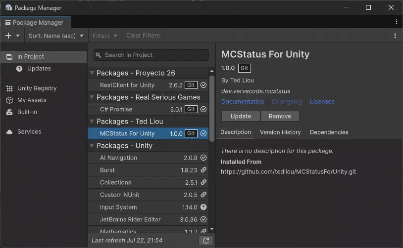 Package Manager 已安裝 MCStatusForUnity 與相依套件
