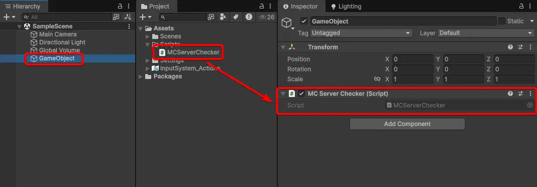 將 MCServerChecker 腳本掛到場景中的空物件