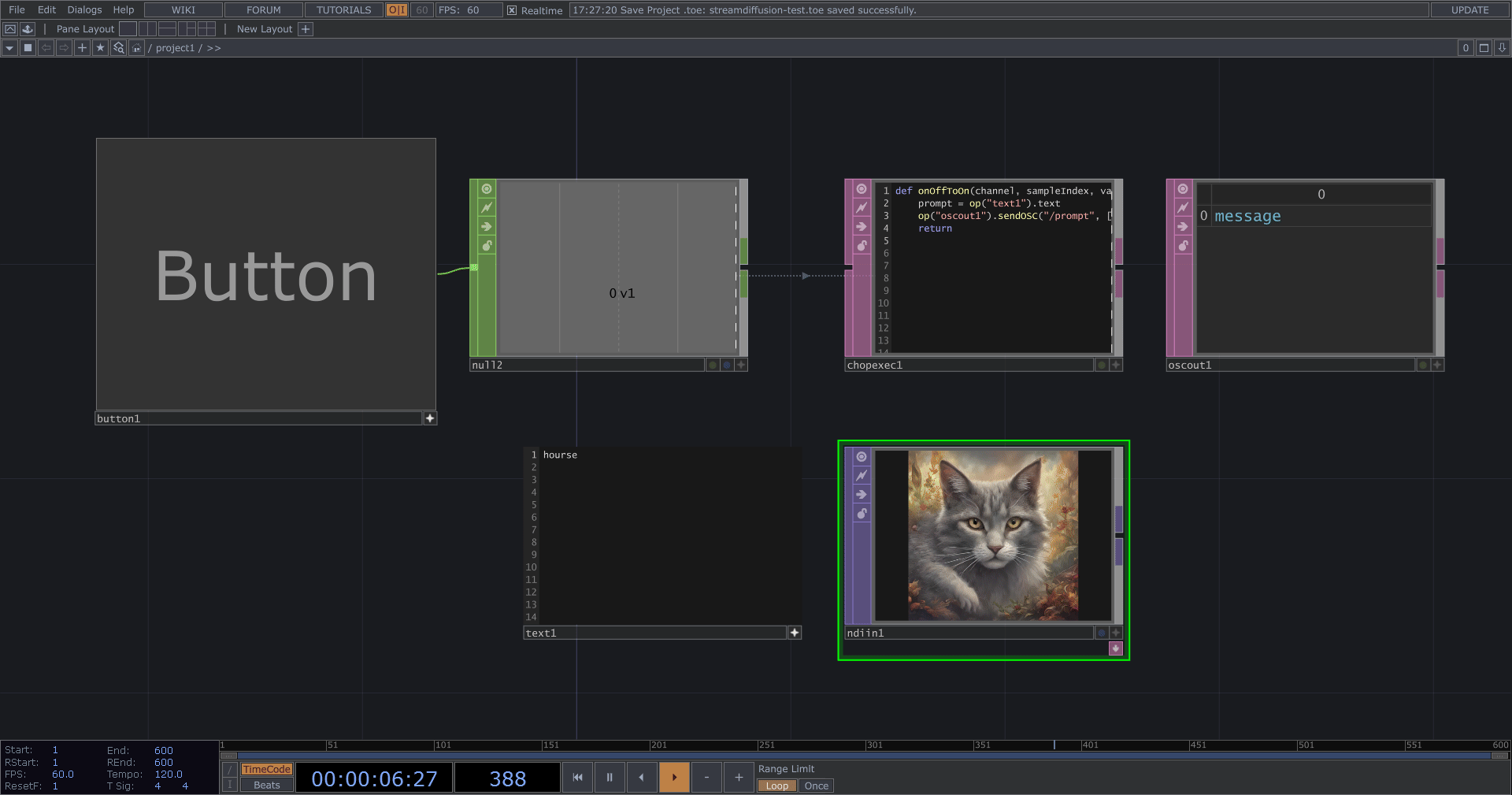TouchDesigner 介面以按鈕切換 Prompt，並用 NDI 接收 StreamDiffusion 的即時輸出