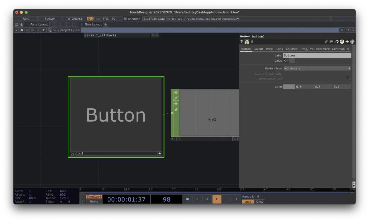 TouchDesigner 以 Button COMP、Null CHOP 和 CHOP Execute DAT 組成命令觸發流程