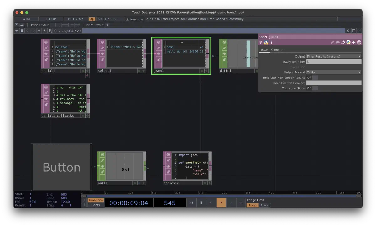 TouchDesigner 按鈕觸發後，Arduino 收到 JSON 命令並改變輸出內容的測試畫面