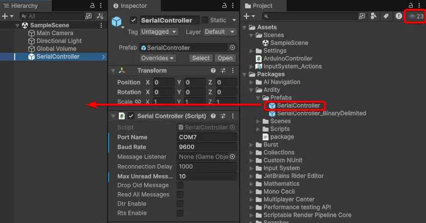 Unity 場景中加入 Ardity 的 SerialController Prefab 並設定序列埠參數