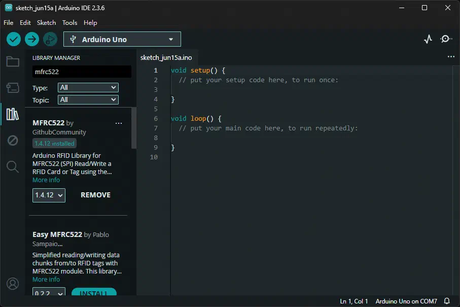 Arduino IDE 透過 Library Manager 搜尋 mfrc522 相關套件的畫面