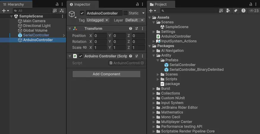 Unity 中建立 ArduinoController 物件與腳本的畫面