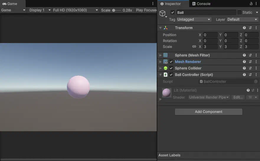Unity 場景中的球體物件已掛上 BallController 腳本