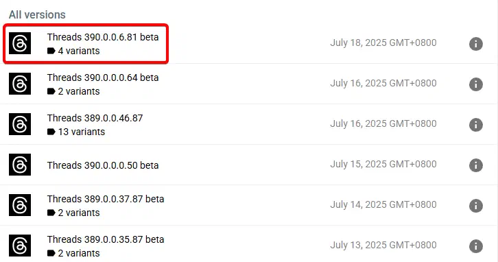 APKMirror 上的 Threads 版本列表