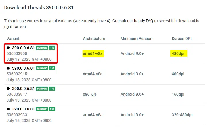 Threads 版本頁中的架構與 DPI 選項