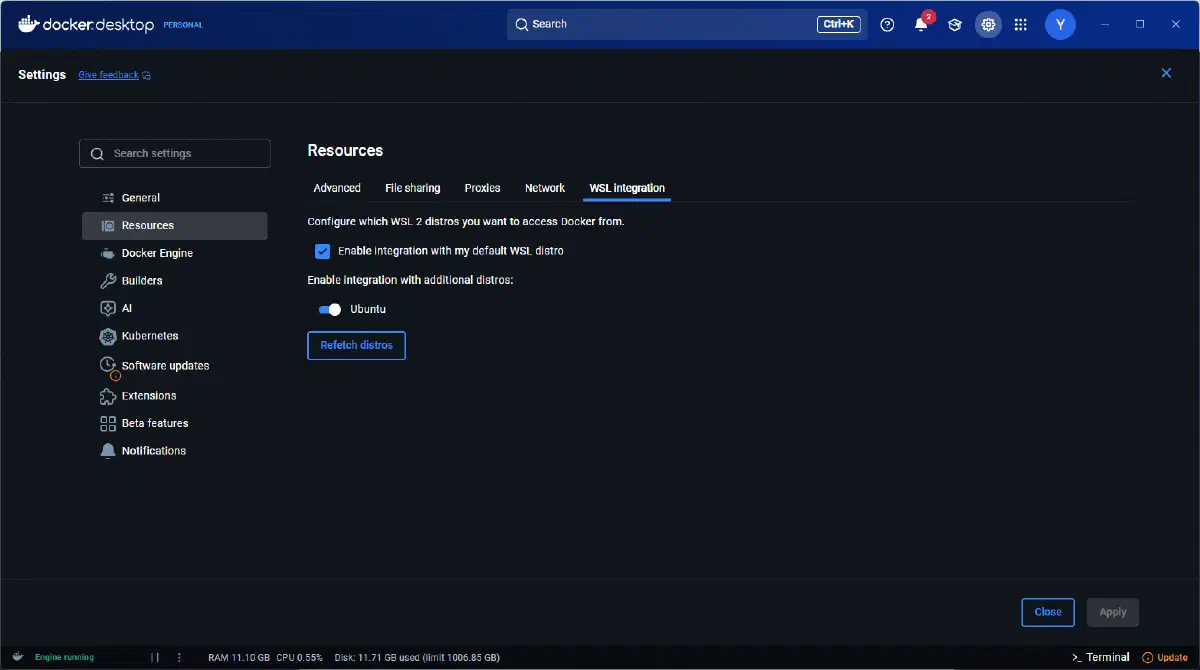Docker Desktop 的 WSL Integration 設定畫面