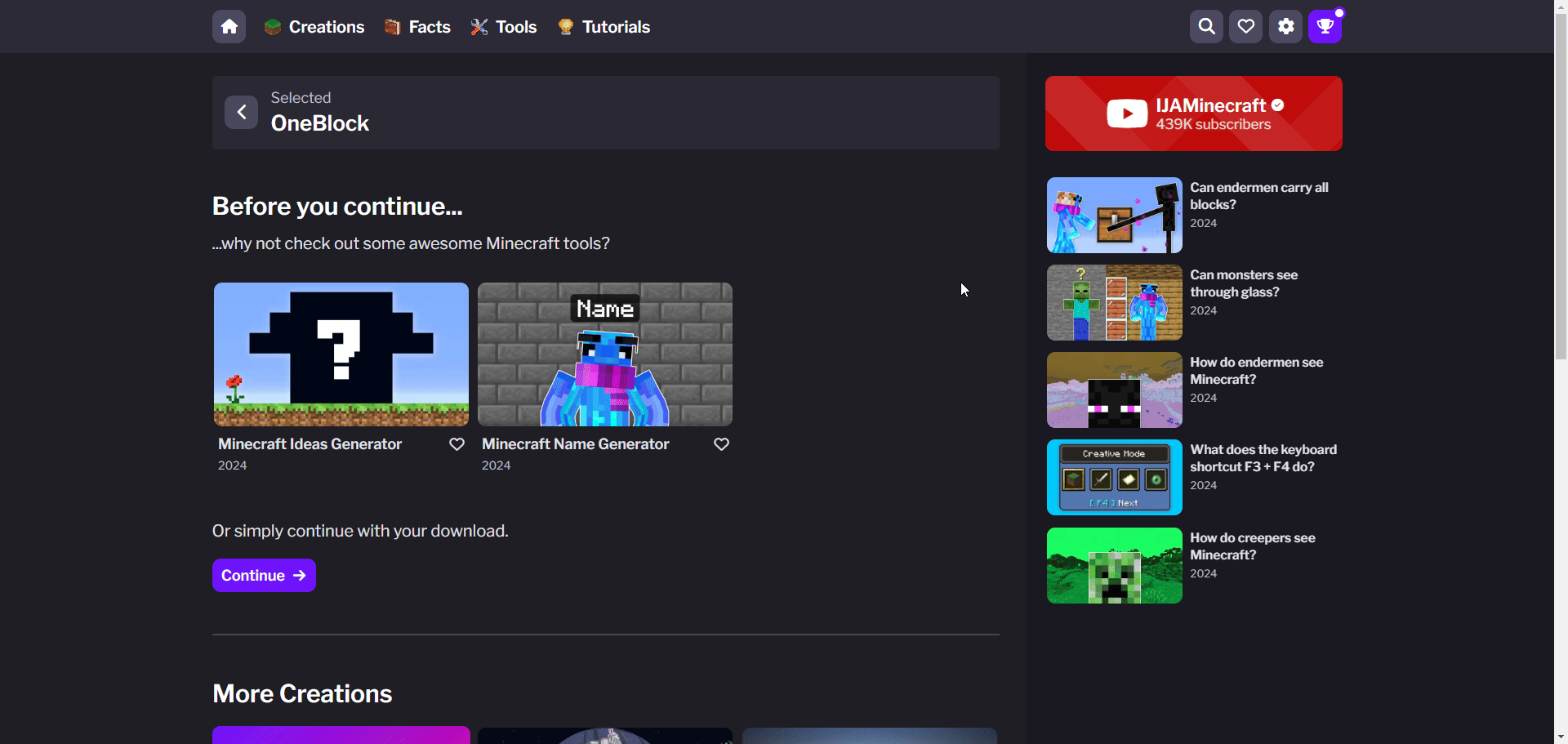 OneBlock 官方下載流程，進入版本頁後開始取得地圖壓縮檔