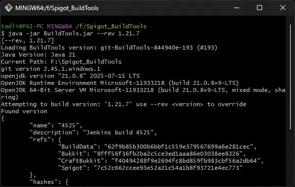 Git Bash 執行 BuildTools，開始編譯指定版本的 Spigot 伺服器核心