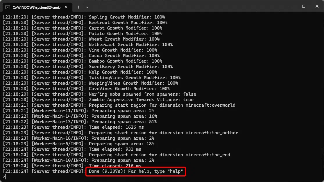 Spigot 伺服器成功啟動後，在命令列顯示 Done 訊息