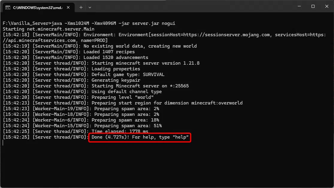 Minecraft Java 原版伺服器成功啟動後，在命令列顯示 Done 訊息