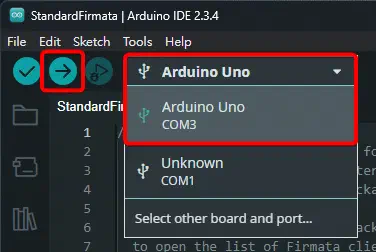 Arduino IDE 中已打開的 StandardFirmata 專案