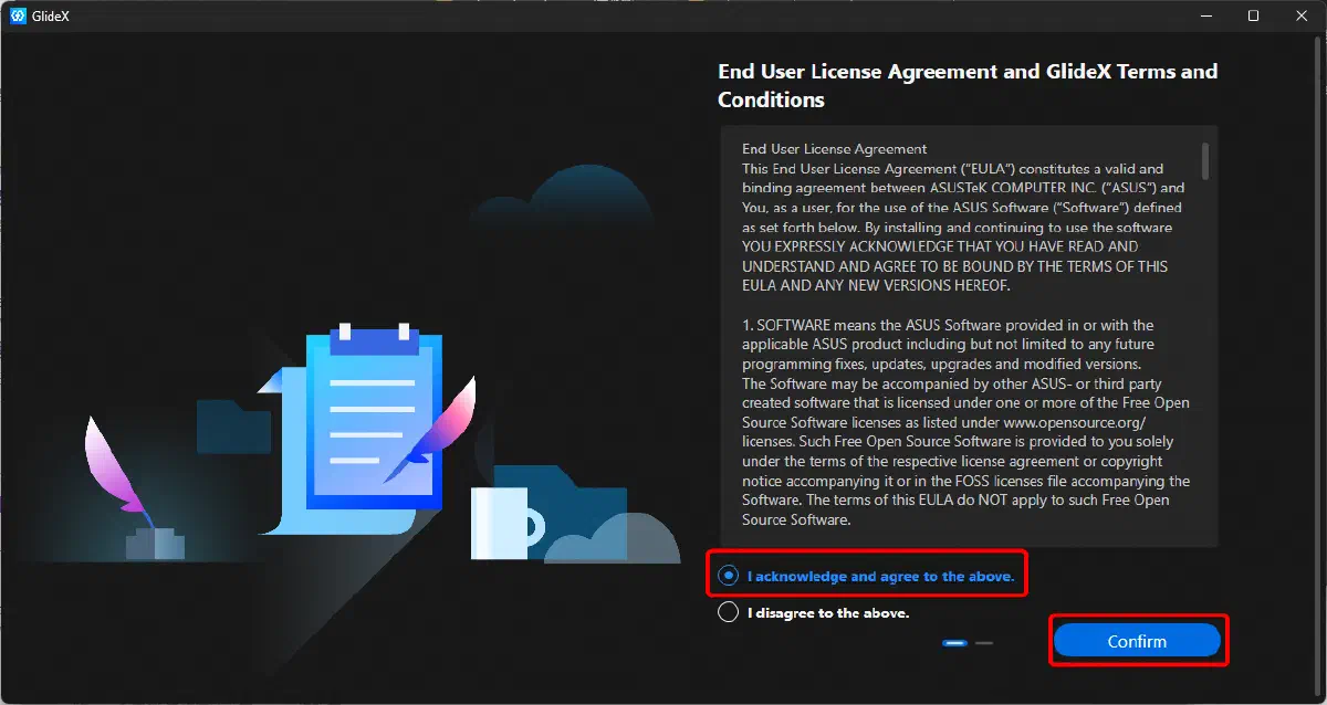 Windows 版 GlideX 的授權條款同意畫面