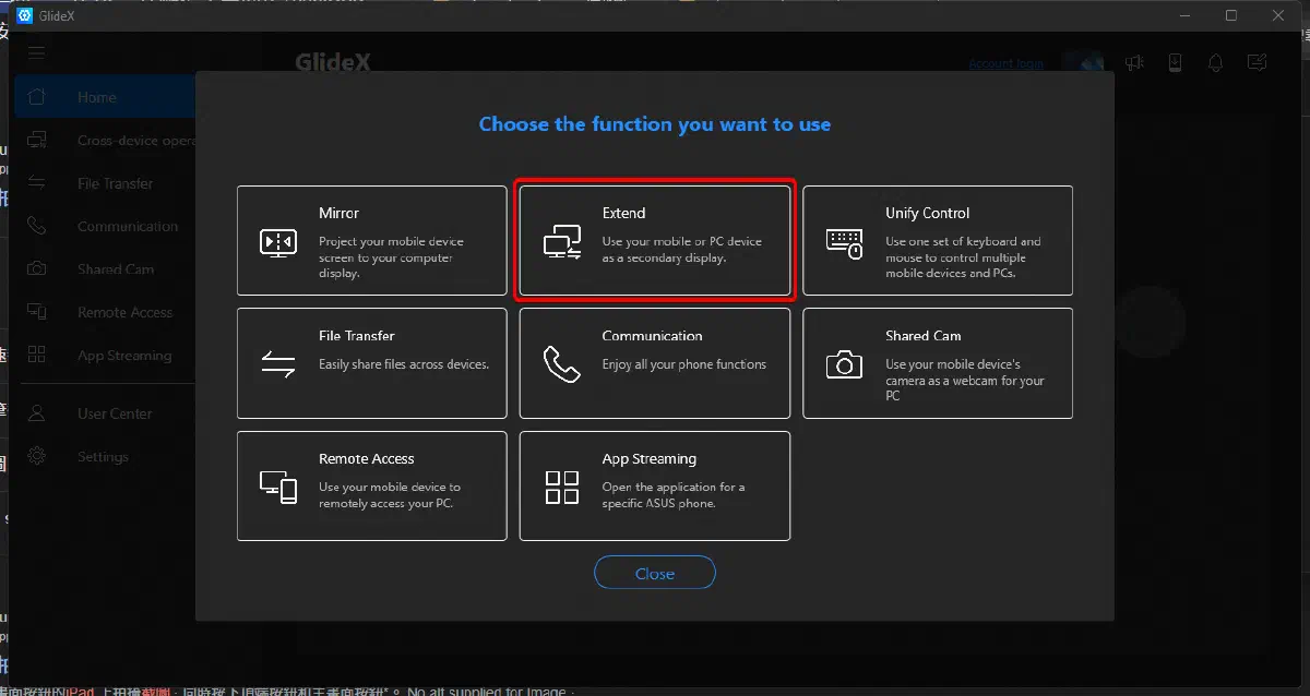 Windows 版 GlideX 的顯示模式選擇畫面，選擇 Extend