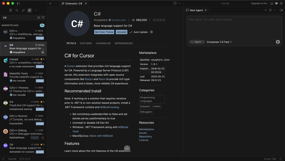 Cursor 延伸模組頁面中的 C# 擴充