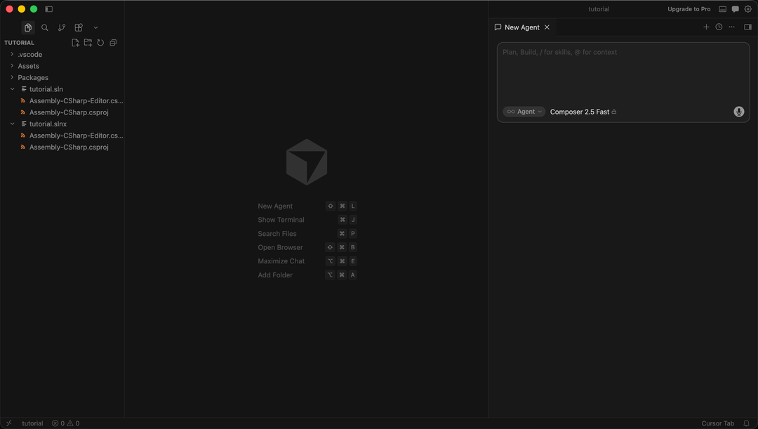 Cursor 開啟 Unity 專案工作區的畫面