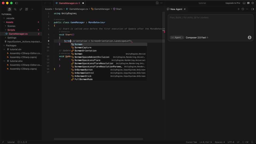 Cursor 中 Unity C# 腳本的 IntelliSense 自動完成畫面