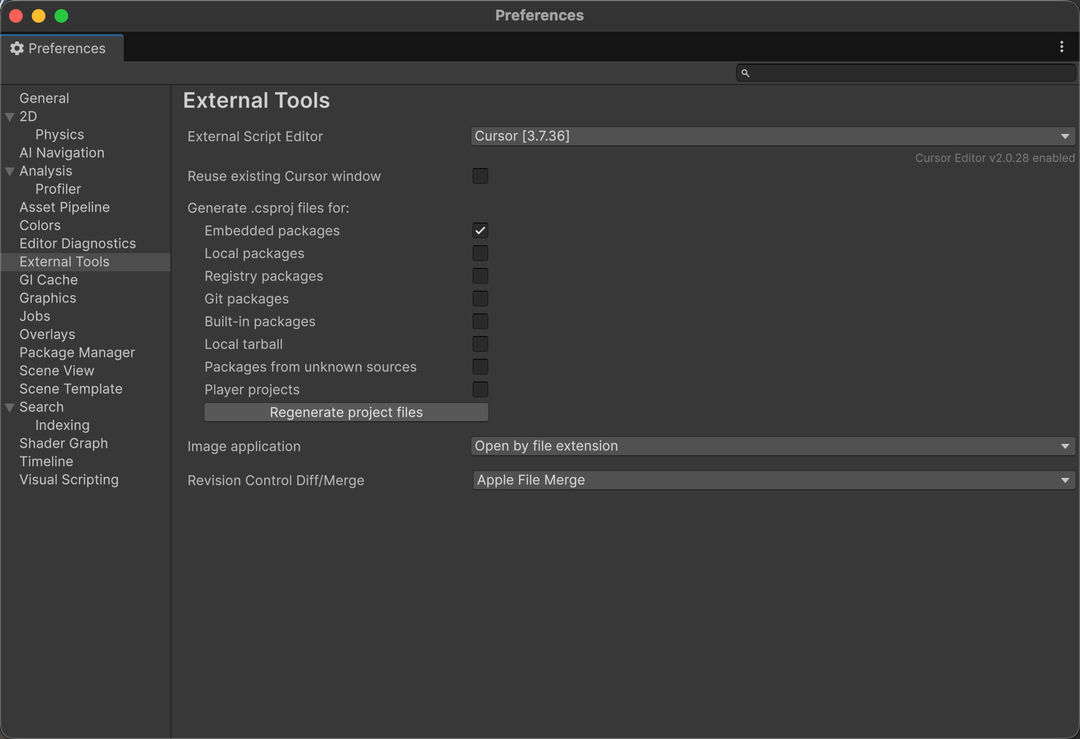 Unity External Tools 中將 External Script Editor 設定為 Cursor