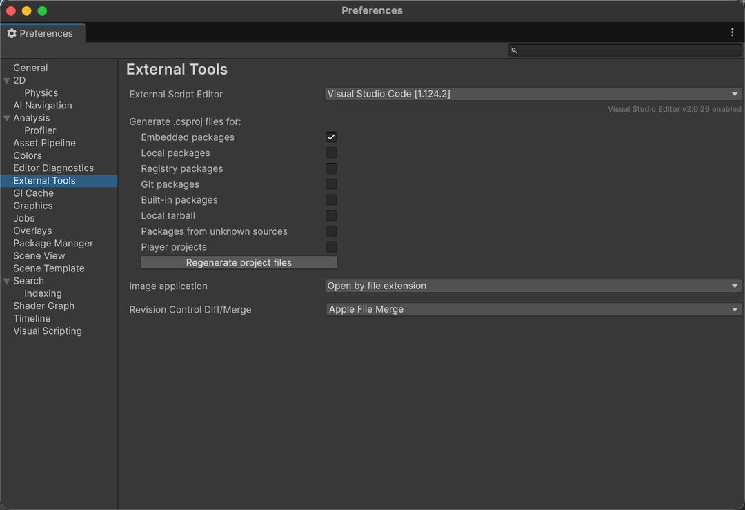 Unity External Tools 中將 External Script Editor 設定為 Visual Studio Code