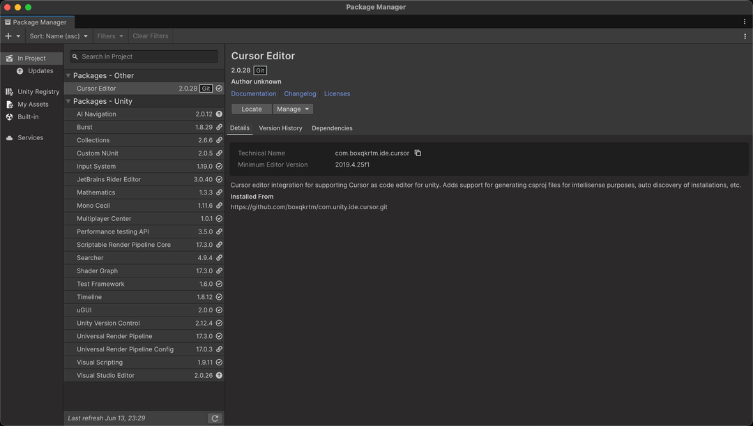 Unity Package Manager 中從 Git URL 安裝 Cursor Editor 套件